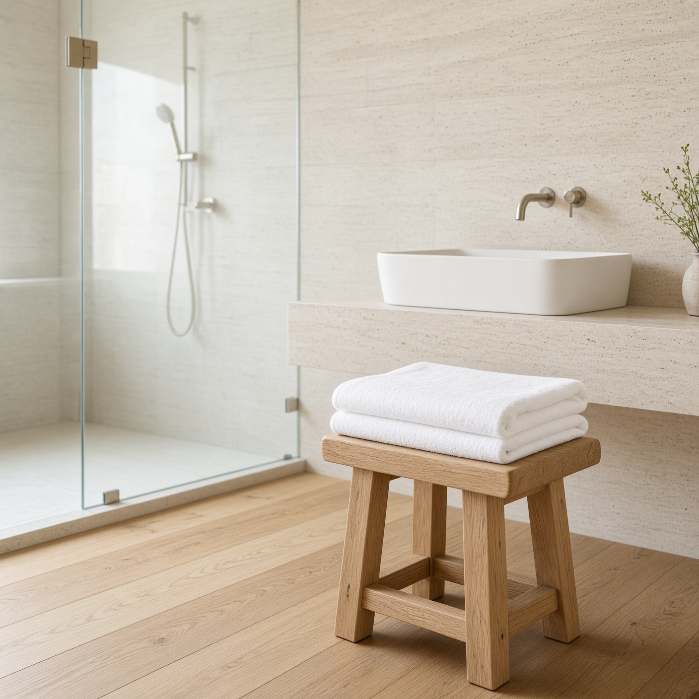 A folded white bath sheet on a pale stool.