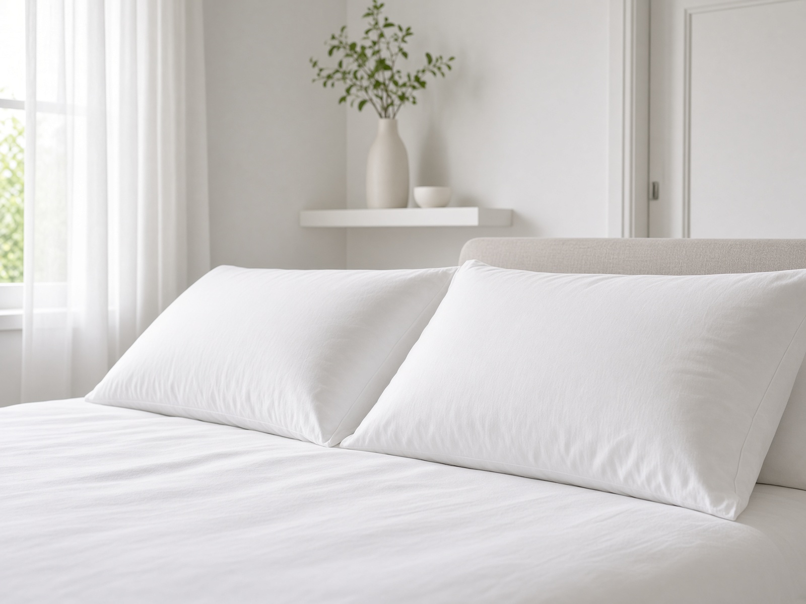 White cotton pillowcases on a made bed.
